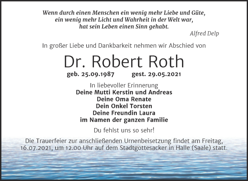  Traueranzeige für Robert Roth vom 19.06.2021 aus Mitteldeutsche Zeitung Halle/Saalkreis