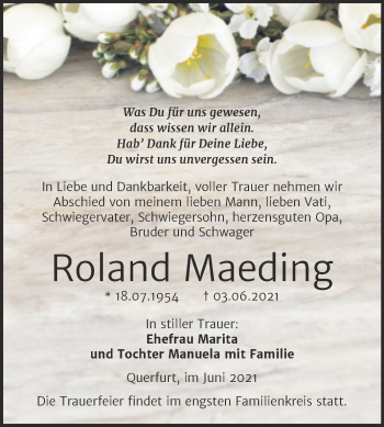 Traueranzeige von Roland Maeding von Trauerkombi Merseburg