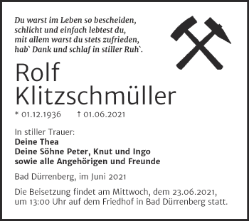 Traueranzeige von Rolf Klitzschmüller von Trauerkombi Merseburg