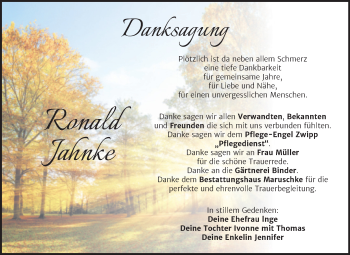 Traueranzeige von Ronald Jahnke von Trauerkombi Bitterfeld