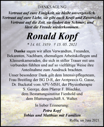 Traueranzeige von Ronald Kopf von Trauerkombi Sangerhausen
