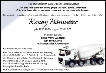 Traueranzeige von Ronny Böswetter von Wochenspiegel Naumburg/Nebra