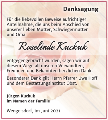 Traueranzeige von Roselinde Kuckuk von Trauerkombi Weißenfels