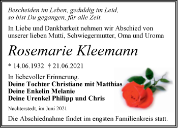Traueranzeige von Rosemarie Kleemann von Trauerkombi Aschersleben