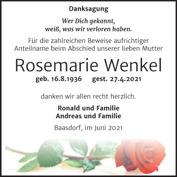 Traueranzeige von Rosemarie Wenkel von Trauerkombi Köthen