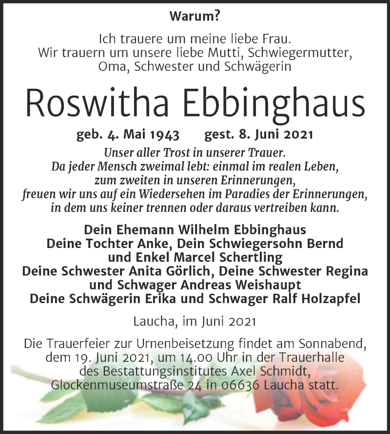  Traueranzeige für Roswitha Ebbinghaus vom 12.06.2021 aus Naumburger Tageblatt