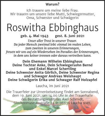 Traueranzeige von Roswitha Ebbinghaus von Wochenspiegel Naumburg/Nebra