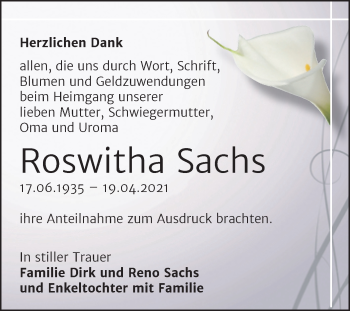 Traueranzeige von Roswitha Sachs von Trauerkombi Merseburg