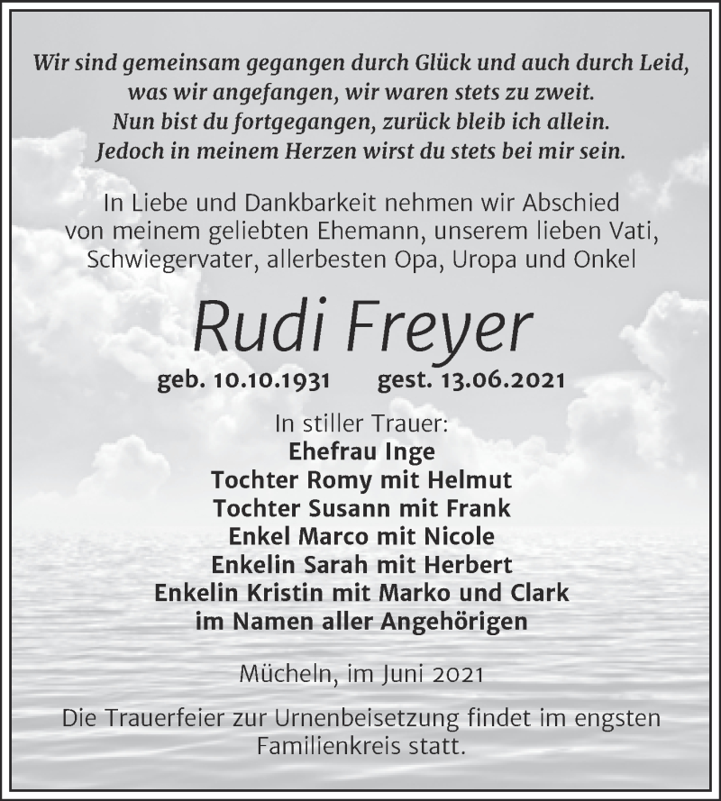  Traueranzeige für Rudi Freyer vom 19.06.2021 aus Trauerkombi Merseburg