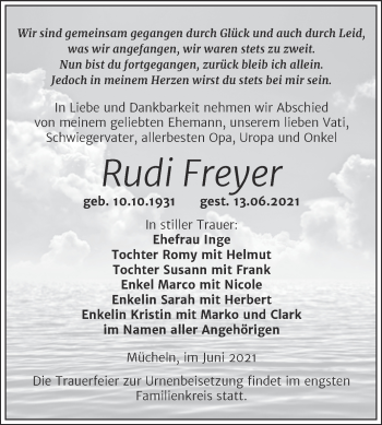 Traueranzeige von Rudi Freyer von Trauerkombi Merseburg