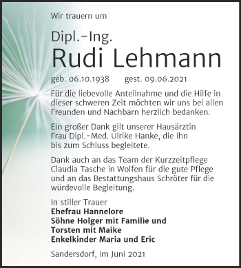 Traueranzeige von Rudi Lehmann von Trauerkombi Bitterfeld