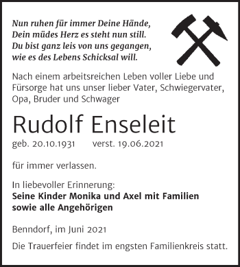 Traueranzeige von Rudolf Enseleit von Mitteldeutsche Zeitung Mansfelder Land