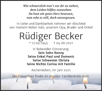 Traueranzeige von Rüdiger Becker von Trauerkombi Aschersleben