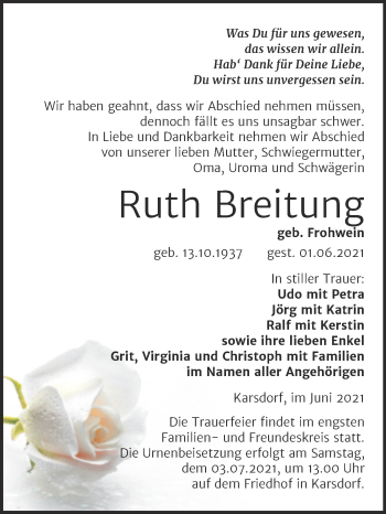 Traueranzeige von Ruth Breitung von Wochenspiegel Naumburg/Nebra