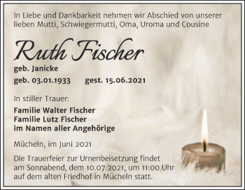 Traueranzeige von Ruth Fischer von Trauerkombi Merseburg