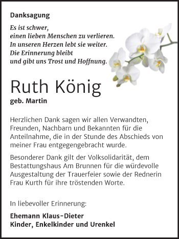Traueranzeige von Ruth König von Trauerkombi Mansfelder Land