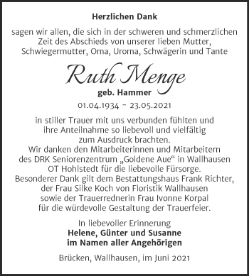 Traueranzeige von Ruth Menge von Trauerkombi Sangerhausen