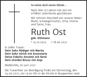 Traueranzeige von Ruth Ost von Trauerkombi Weißenfels