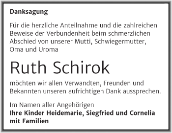 Traueranzeige von Ruth Schirok von Trauerkombi Sangerhausen