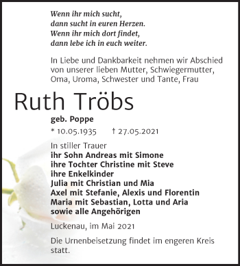 Traueranzeige von Ruth Tröbs von Trauerkombi Zeitz