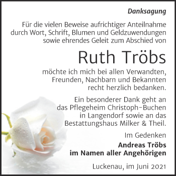 Traueranzeige von Ruth Tröbs von Trauerkombi Zeitz