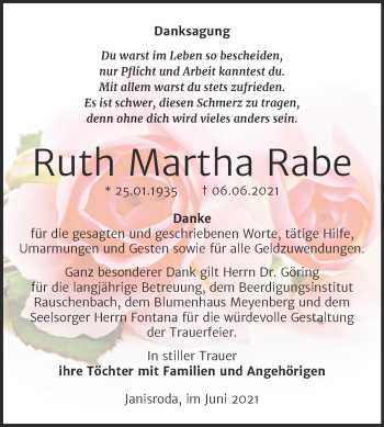 Traueranzeige von Ruth Martha Rabe von Naumburger Tageblatt