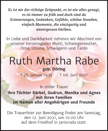 Traueranzeige von Ruth Martha Rabe von Naumburger Tageblatt