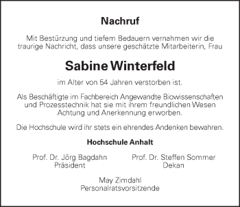 Traueranzeige von Sabine Winterfeld von Super Sonntag Köthen