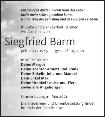 Traueranzeige von Siegfried Barm von Trauerkombi Wittenberg