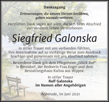 Traueranzeige von Siegfried Galonska von Trauerkombi Mansfelder Land