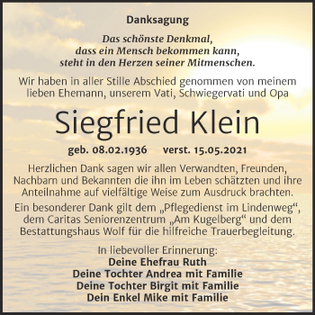 Traueranzeige von Siegfried Klein von Trauerkombi Weißenfels