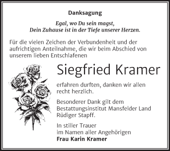 Traueranzeige von Siegfried Kramer von Trauerkombi Mansfelder Land