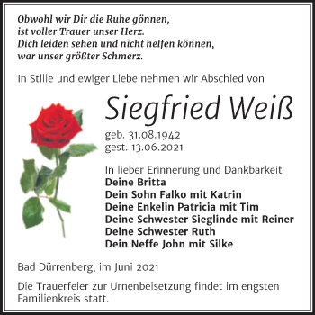 Traueranzeige von Siegfried Weiß von Trauerkombi Merseburg
