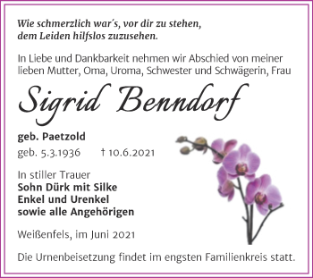 Traueranzeige von Sigrid Benndorf von Trauerkombi Weißenfels