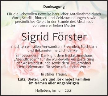 Traueranzeige von Sigrid Förster von Mitteldeutsche Zeitung Halle/Saalkreis