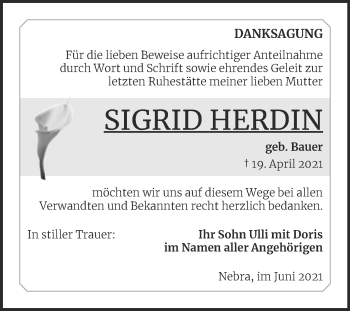 Traueranzeige von Sigrid Herdin von Wochenspiegel Naumburg/Nebra