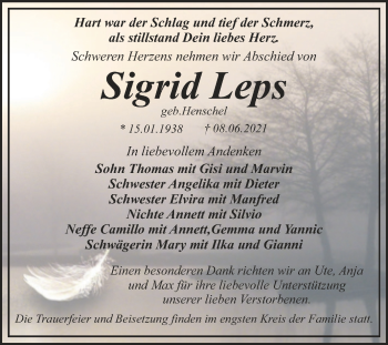 Traueranzeige von Sigrid Leps von Trauerkombi Dessau