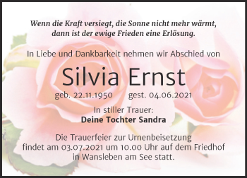 Traueranzeige von Silvia Ernst von Mitteldeutsche Zeitung Mansfelder Land
