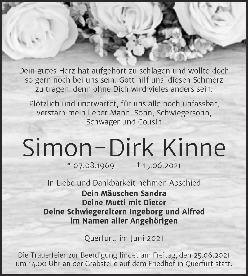  Traueranzeige für Simon-Dirk Kinne vom 19.06.2021 aus Trauerkombi Merseburg