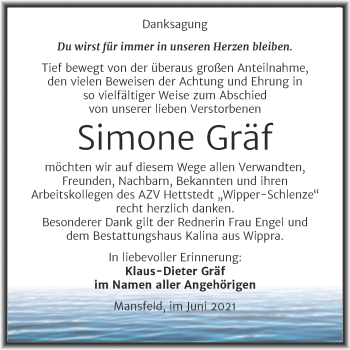 Traueranzeige von Simone Gräf von Trauerkombi Mansfelder Land