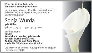 Traueranzeige von Sonja Wurda von Trauerkombi Wittenberg