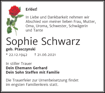 Traueranzeige von Sophie Schwarz von Trauerkombi Merseburg