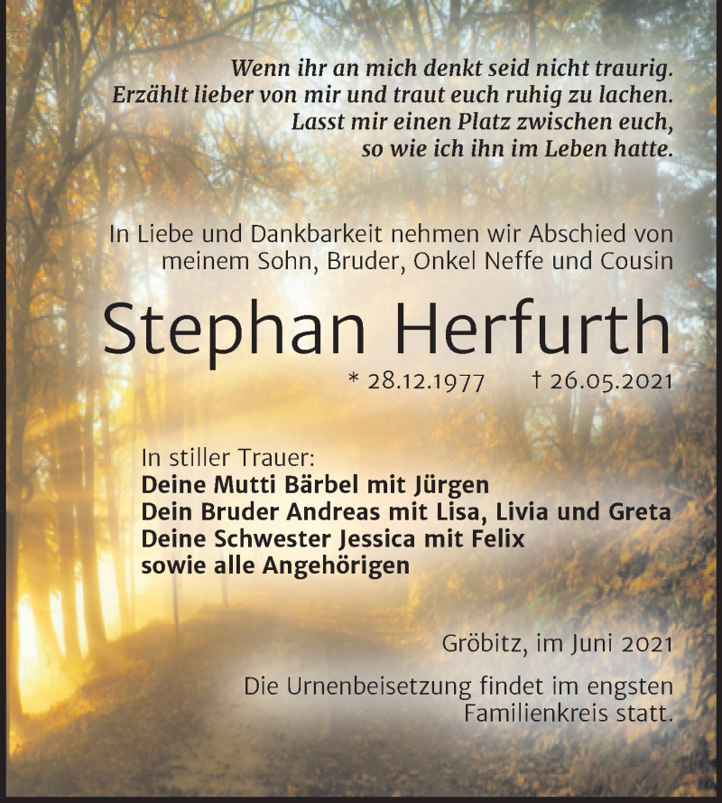  Traueranzeige für Stephan Herfurth vom 05.06.2021 aus Trauerkombi Weißenfels