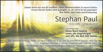 Traueranzeige von Stephan Paul von Trauerkombi Bitterfeld