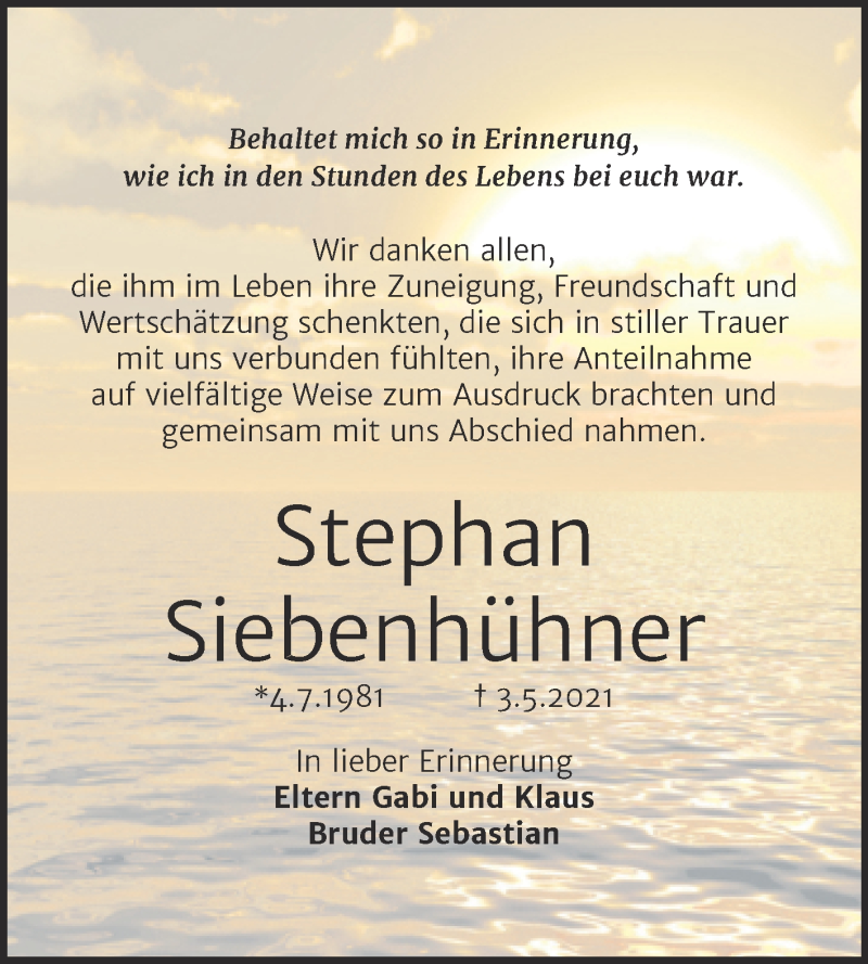  Traueranzeige für Stephan Siebenhühner vom 19.06.2021 aus Mitteldeutsche Zeitung Halle/Saalkreis