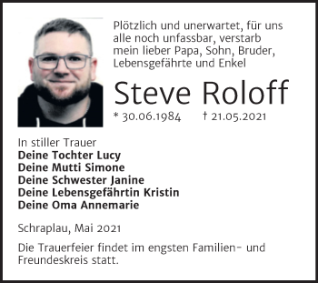 Traueranzeige von Steve Roloff von Trauerkombi Merseburg