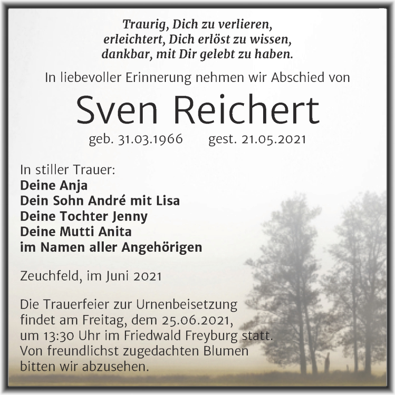  Traueranzeige für Sven Reichert vom 12.06.2021 aus Trauerkombi Merseburg