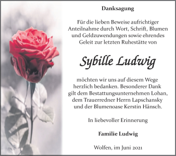 Traueranzeige von Sybille Ludwig von Trauerkombi Bitterfeld