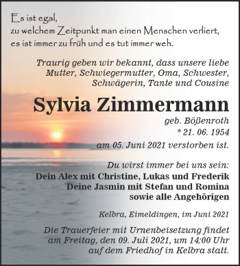 Traueranzeige von Sylvia Zimmermann von Trauerkombi Sangerhausen