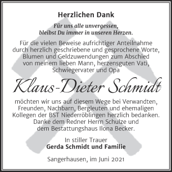 Traueranzeige von TamsKlaus-Dieter Schmidt von Trauerkombi Sangerhausen
